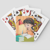 Mädchen arbeiten an einem Schreibtisch Spielkarten (Rückseite)