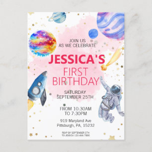 Mädchen Astronaut Weltraum Raketenschiff Planet Postkarte