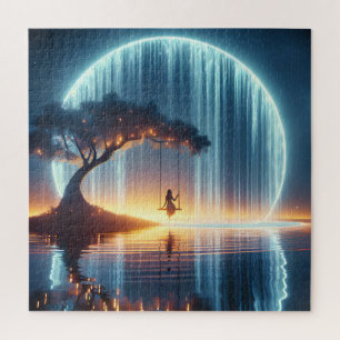 Mädchen auf der Schaukel im Mondlicht Wasserfall Puzzle