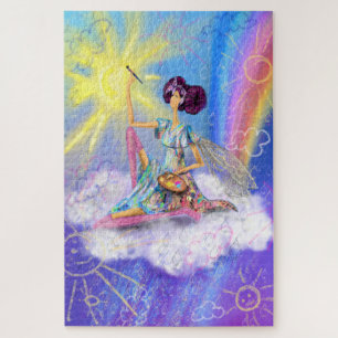 Mädchen auf der Wolkenmalerei Sonne und Regenbogen Puzzle
