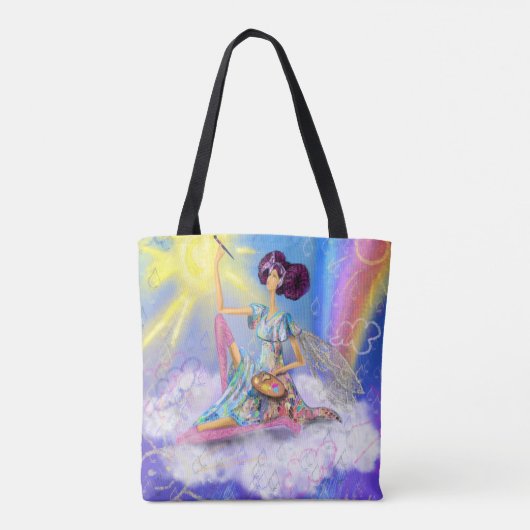 Mädchen auf der Wolkenmalerei Sonne und Regenbogen Tasche (Rückseite)