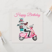 Mädchen auf einem Roller mit Geschenken Karte (Vorderseite/Rückseite Beispiel)