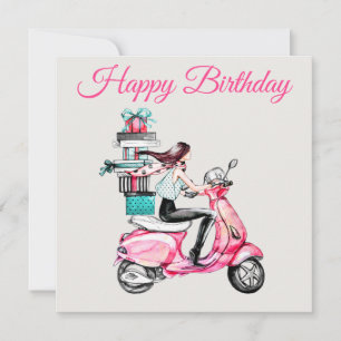 Mädchen auf einem Roller mit Geschenken Karte