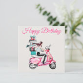 Mädchen auf einem Scooter mit Geschenken Karte (Stehend Vorderseite)