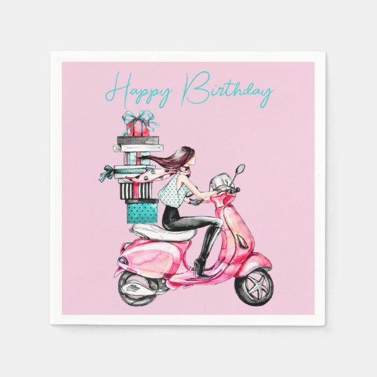 Mädchen auf einem Scooter mit Geschenken Serviette (Vorderseite)