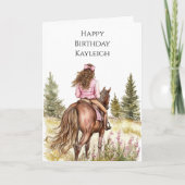 Mädchen auf Pferd Bäume Blumen Geburtstag Karte (Vorderseite)