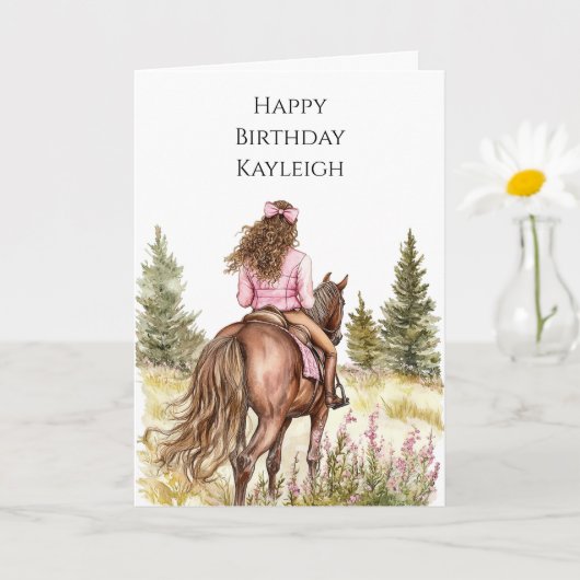 Mädchen auf Pferd Bäume Blumen Geburtstag Karte (Kleine Pflanze)