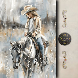 Mädchen auf Pferd Western Szene Découpage Seidenpapier