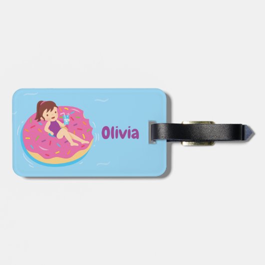 Mädchen auf Regenbogen Sprinkles Doughnut Pool Flo Gepäckanhänger (Rückseite horizontal)