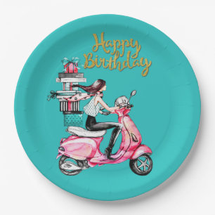 Mädchen auf Roller mit Geschenken Pappteller