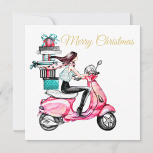 Mädchen auf Roller mit Weihnachtsgeschenken Karte
