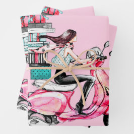 Mädchen auf Scooter, die Präsentationen tragen Geschenkpapier Set