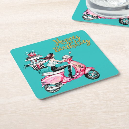 Mädchen auf Scooter, die Präsentationen tragen Rechteckiger Pappuntersetzer (angewinkelt)