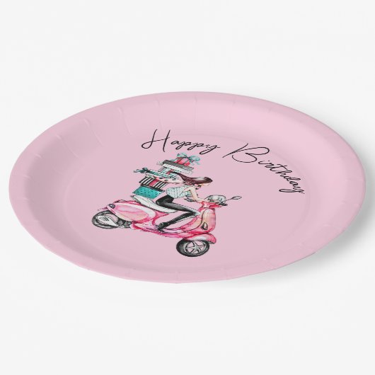 Mädchen auf Scooter Happy Geburtstag Pappteller (Schrägansicht)