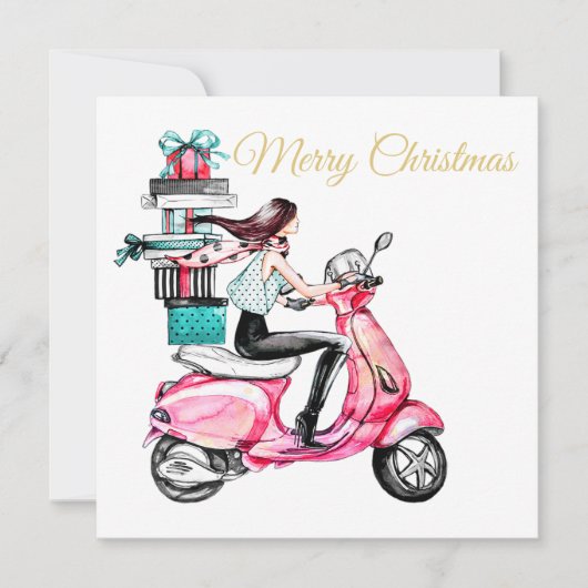Mädchen auf Scooter mit Vorweihnachtsgeschenk Karte (Vorderseite)