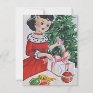 Mädchen aus alten Zeiten entpackt Weihnachtsgesche Feiertagskarte