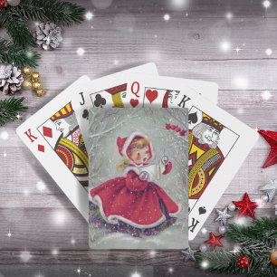 Mädchen aus den 1950er Jahren im Schnee mit Vögeln Spielkarten