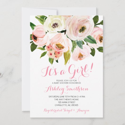 Mädchen-Baby-Duschen-Einladungen, rosa Blumen Einladung (Vorderseite)