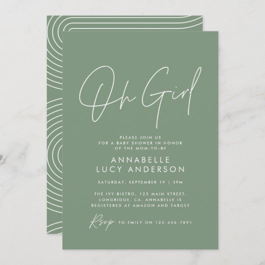 Mädchen Baby Duschskript moderne Weise grün elegan Einladung (Vorne/Hinten)