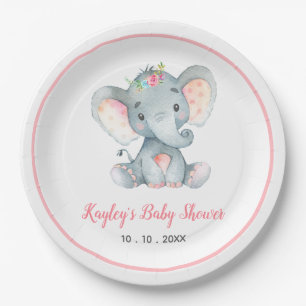 Mädchen-Baby-Elefant-Babyparty (mit Blumen) Pappteller