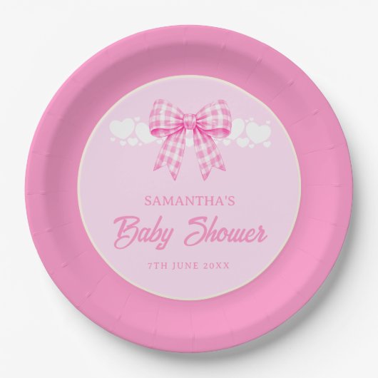 Mädchen-Baby-Party mit rosa Gingham-Schleife Pappteller (Vorderseite)