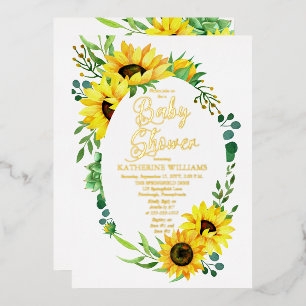 Mädchen-Baby-Party-Sonnenblumen-Eukalyptus-Blumenr Folieneinladung