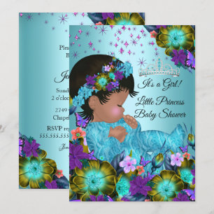 Mädchen-Baby-Party Teal Blau Lila Blumen Ethnisch Einladung