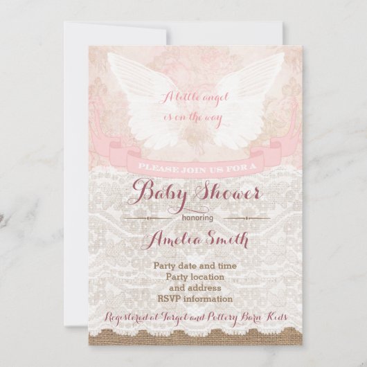 Mädchen Babydusche einlädt, rosa Engel Babydusche Einladung (Vorderseite)