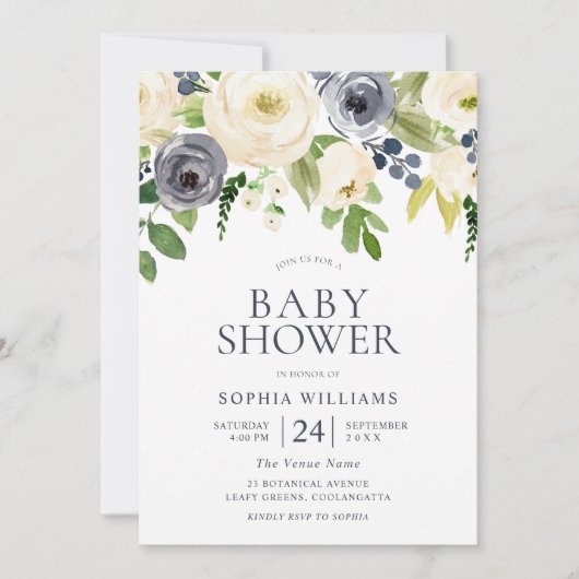 Mädchen-Babydusche für die Blume von Navy & White Einladung (Vorderseite)