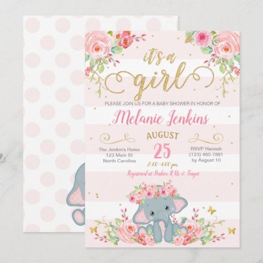 Mädchen-Babyparty-Einladung, Elefant-Babyparty Einladung (Vorne/Hinten)