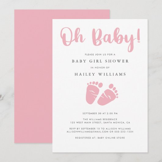 Mädchen Babyparty | Oh Baby Pink Baby Feet Einladung (Vorne/Hinten)