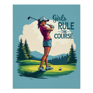 Mädchen beherrschen den Kurs Retro-Golf-Illustrati Poster