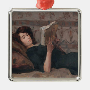 Mädchen beim Lesen eines Buches (Liegend auf einem Ornament Aus Metall