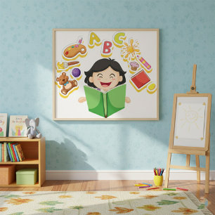 Mädchen beim Lesen und Lernen von ABC-Buchstaben u Poster