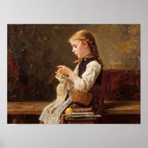 Mädchen beim Stricken Vintage-Porträtmalerei Poster