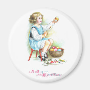 Mädchen bemalt Ostereier Vintage Ostern Magnet