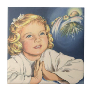 Mädchen beten zu Jesus Christus, Gebete in der Bed Fliese