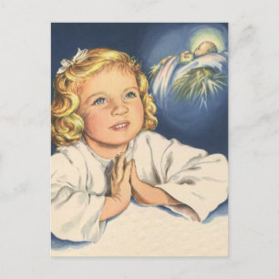 Mädchen beten zu Jesus Christus, Gebete in der Bed Postkarte