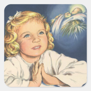 Mädchen beten zu Jesus Christus, Gebete in der Bed Quadratischer Aufkleber