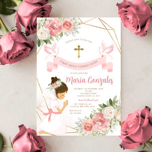 Mädchen betend Gold Erste Heilige Kommunion Rosa F Einladung
