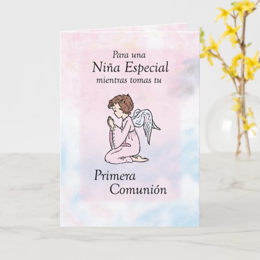 Mädchen-betender erster Kommunions-Engel, spanisch Karte (Gelbe Blume)