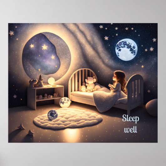 Mädchen betet im Mondschein und durch Sternenlicht Poster (Vorne)