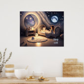 Mädchen betet im Mondschein und durch Sternenlicht Poster (Küche)