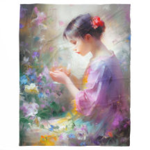 Mädchen bewundert eine Blume in ihren Händen