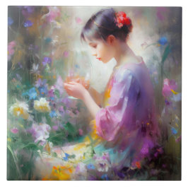 Mädchen bewundert eine Blume in ihren Händen Fliese