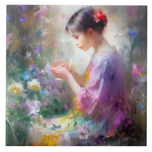 Mädchen bewundert eine Blume in ihren Händen Fliese (Vorderseite)