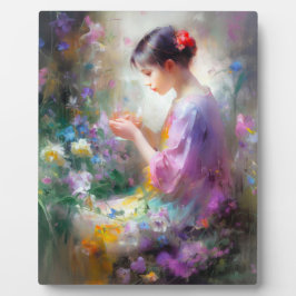 Mädchen bewundert eine Blume in ihren Händen Fotoplatte