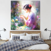 Mädchen bewundert eine Blume in ihren Händen Leinwanddruck (Insitu (Schlafzimmer))