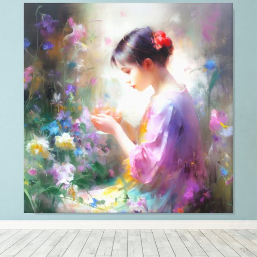 Mädchen bewundert eine Blume in ihren Händen Leinwanddruck (Insitu (Holzboden))