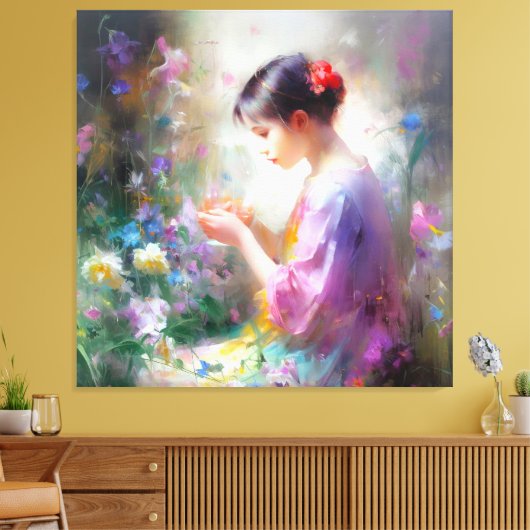 Mädchen bewundert eine Blume in ihren Händen Leinwanddruck (Insitu (Wohnzimmer))